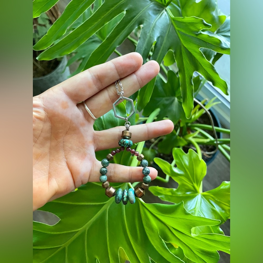 Turquoise - Hematite - Moss Agate - Garnet Necklace